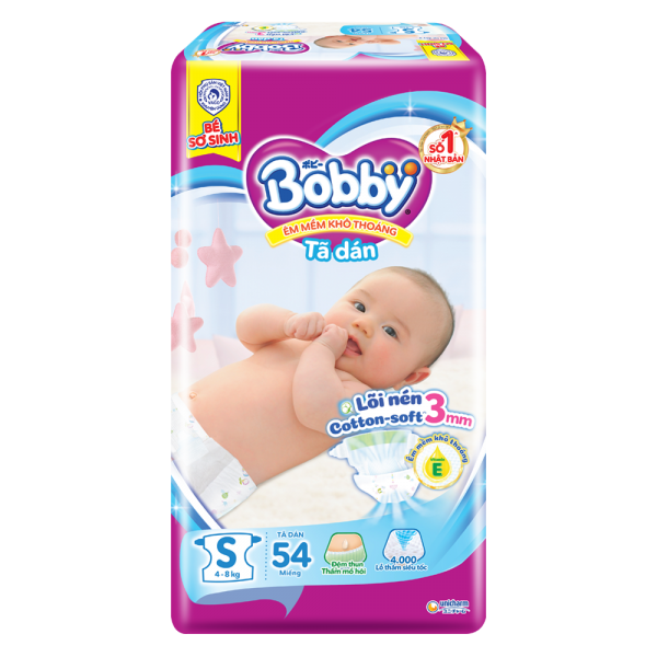 Tã dán Bobby siêu thấm (S, 4-8kg, 54 miếng) (giao bao bì ngẫu nhiên)