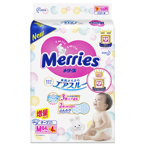 Tã dán Merries nội địa (M, 6-11kg, 64 + 4 miếng)