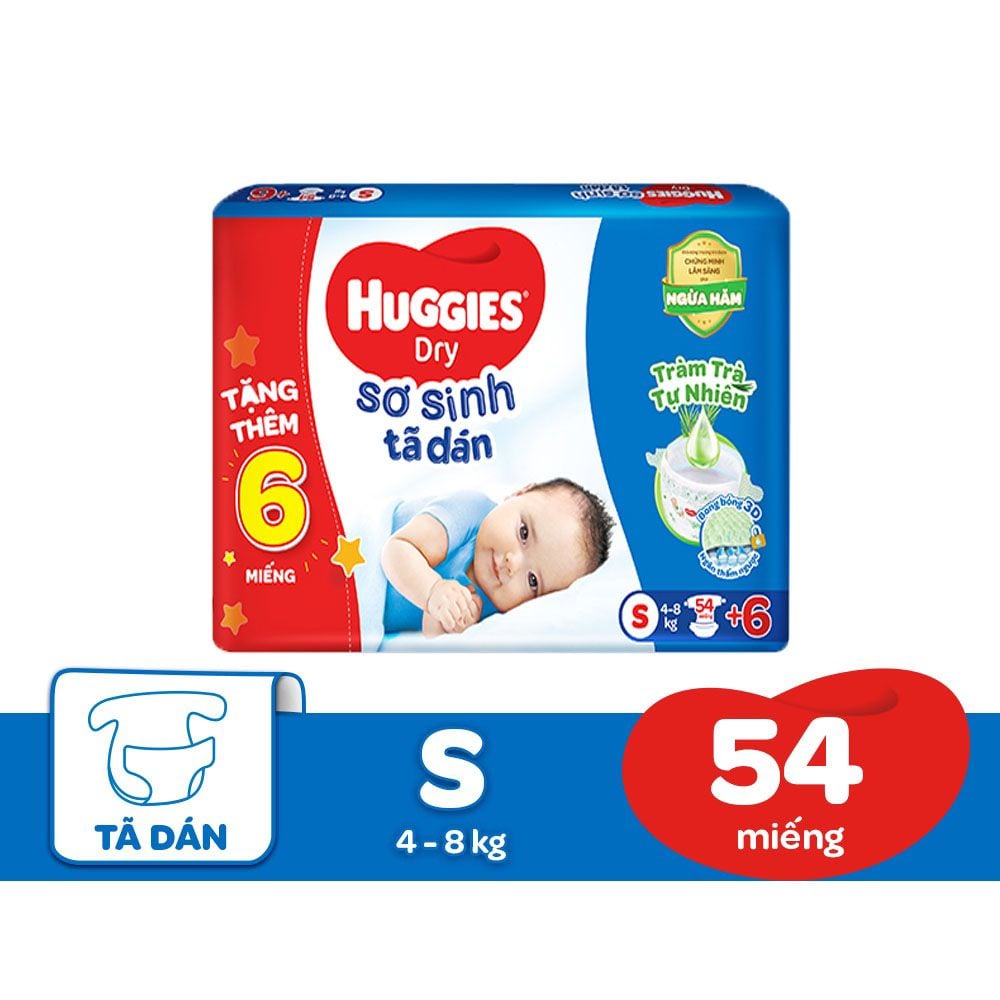 Tã dán sơ sinh Huggies Dry S 54 miếng + tặng 6 miếng