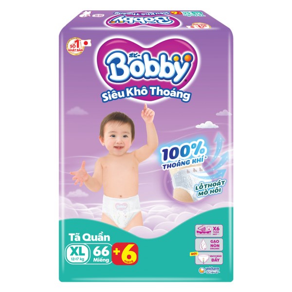 Tã quần Bobby  XL66, +6 miếng - Siêu khô thoáng