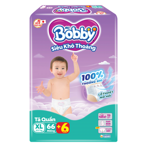 Tã quần Bobby  XL66, +6 miếng - Siêu khô thoáng