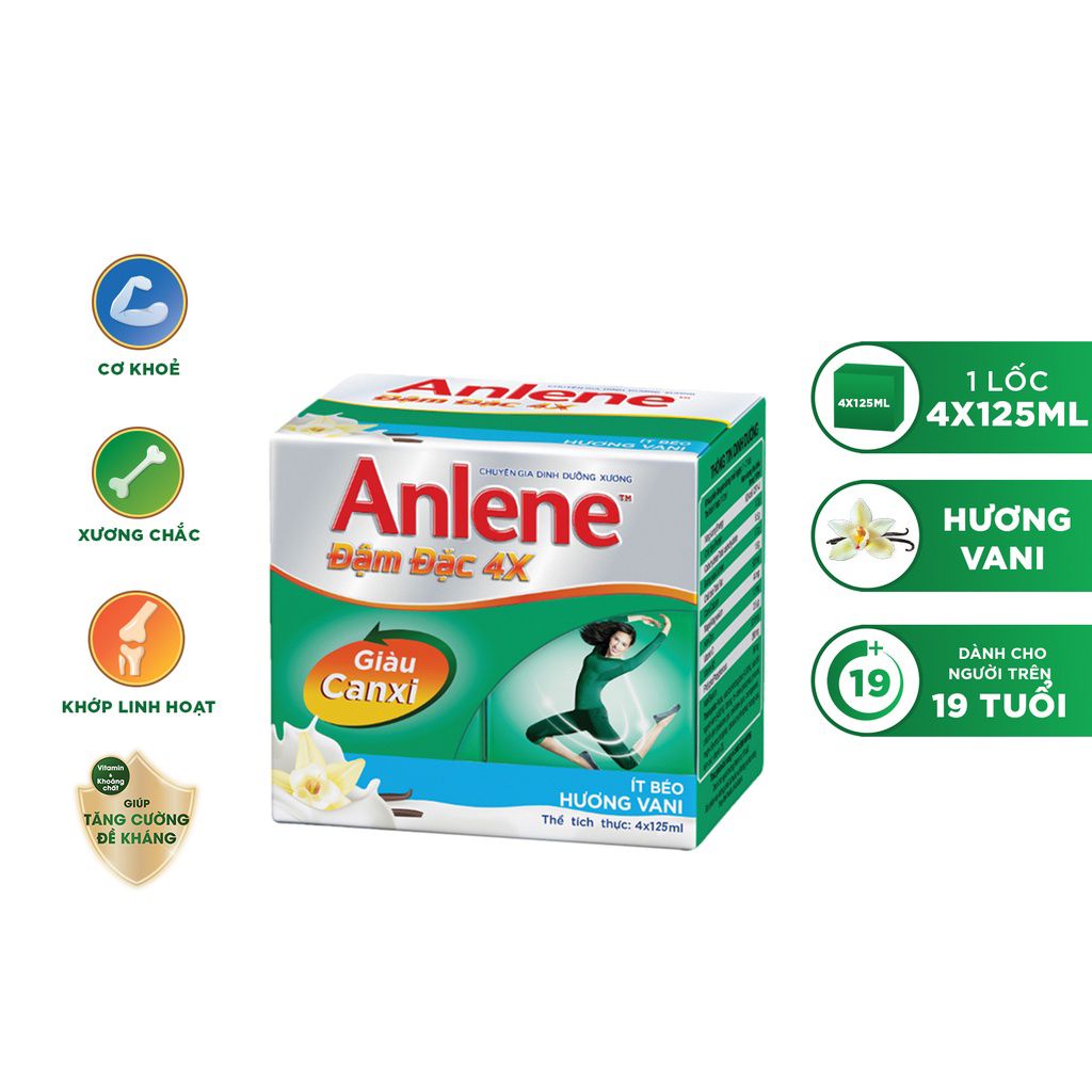 Lốc 4 hộp sữa nước Anlene hương Vani đậm đặc ít béo 125ml