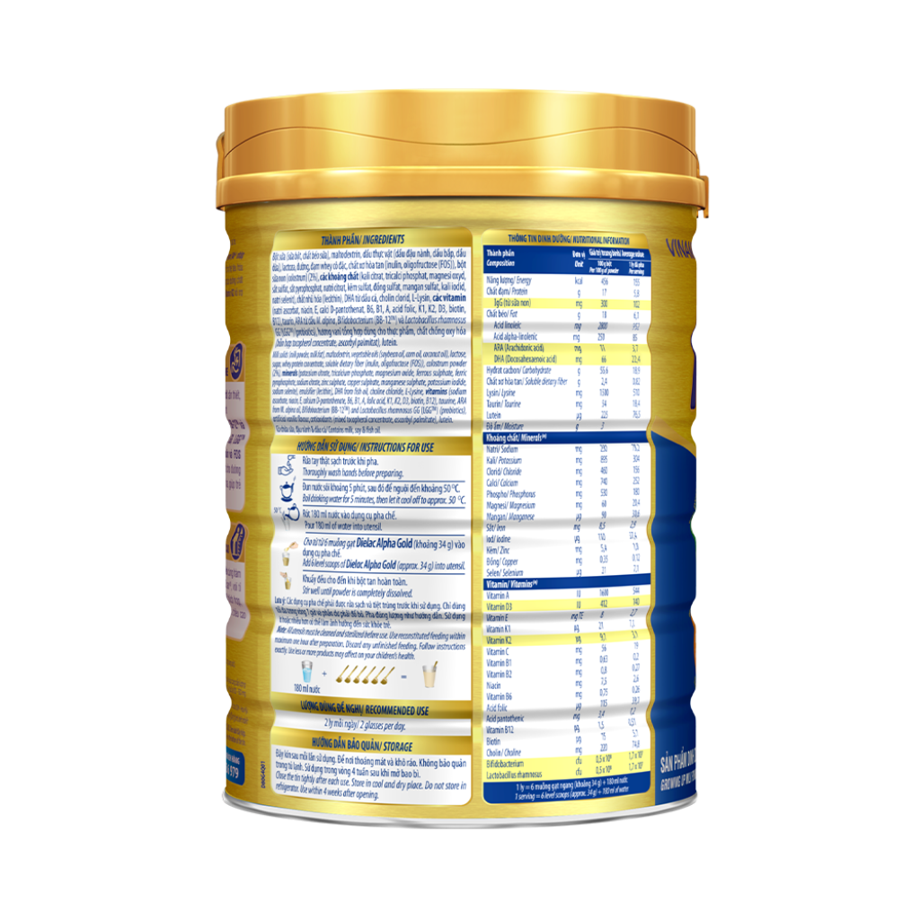 Sữa bột Vinamilk Dielac Alpha Gold 4 - Hộp thiếc 850g (cho trẻ từ 2- 6 tuổi) - Sữa công thức hỗ trợ phát triển trí não của bé, tăng cân, chiều cao