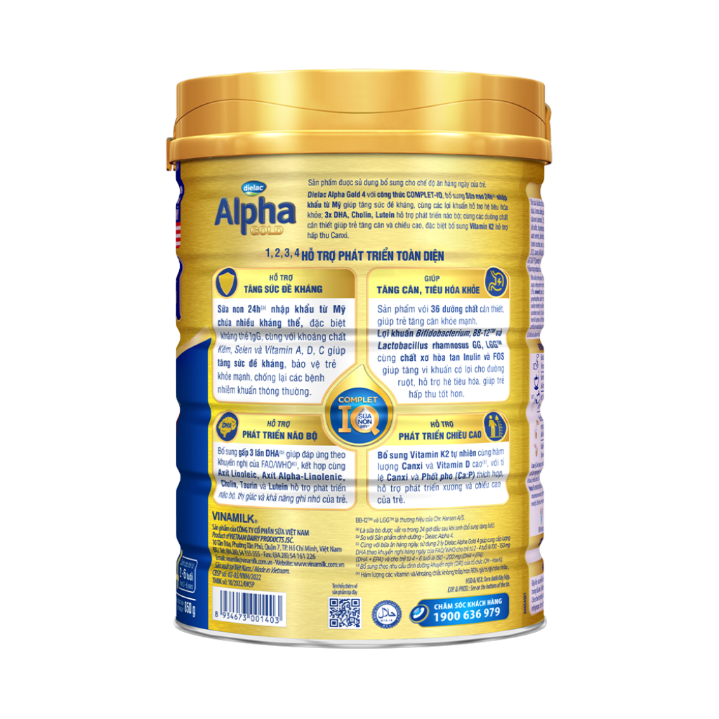 Sữa bột Vinamilk Dielac Alpha Gold 4 - Hộp thiếc 850g (cho trẻ từ 2- 6 tuổi) - Sữa công thức hỗ trợ phát triển trí não của bé, tăng cân, chiều cao