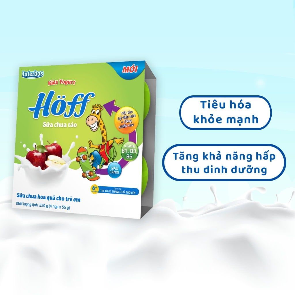 Lốc 4 hộp Sữa chua hoa quả Hoff vị TÁO cho bé từ 6 tháng tuổi, bổ sung men lợi khuẩn, tốt cho tiêu hóa