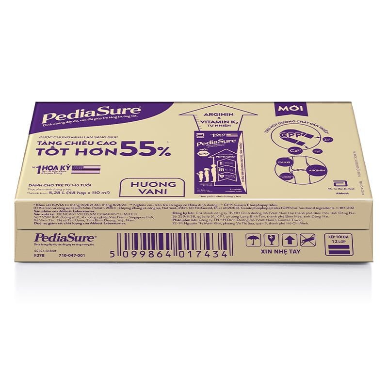 Lốc 4 hộp sữa nước (110ml) Pediasure hương vani ít ngọt  cho trẻ 1-10 tuổi