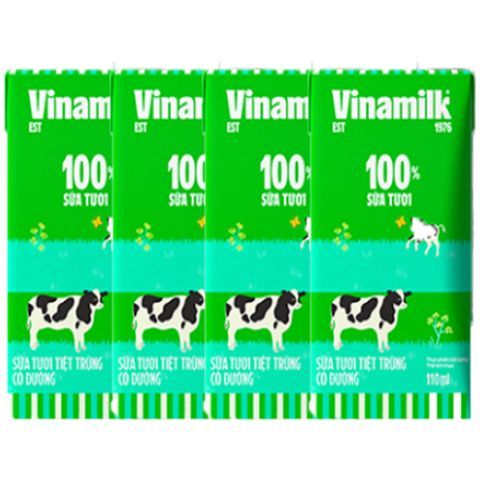 Lốc 4 hộp sữa tươi tiệt trùng Vinamilk 100% có đường 110ml