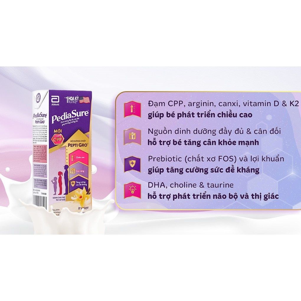 Lốc 4 hộp sữa nước 180ml Pediasure hương vani ít ngọt