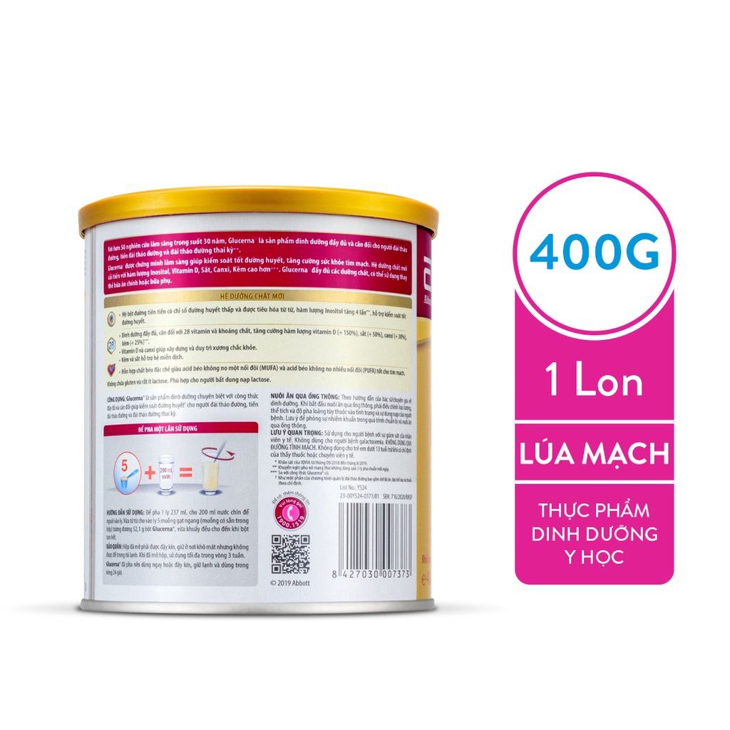 Sữa bột dành cho người bị tiểu đường Glucerna Abbott 400g Hương Lúa mạch