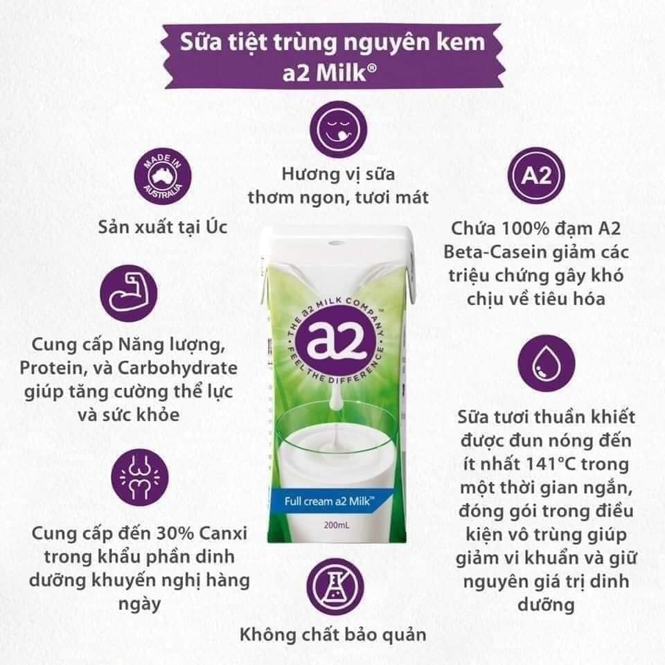 Lốc 6 hộp sữa tươi A2 Úc tiệt trùng dạng pha sẵn nguyên kem hộp 200ml