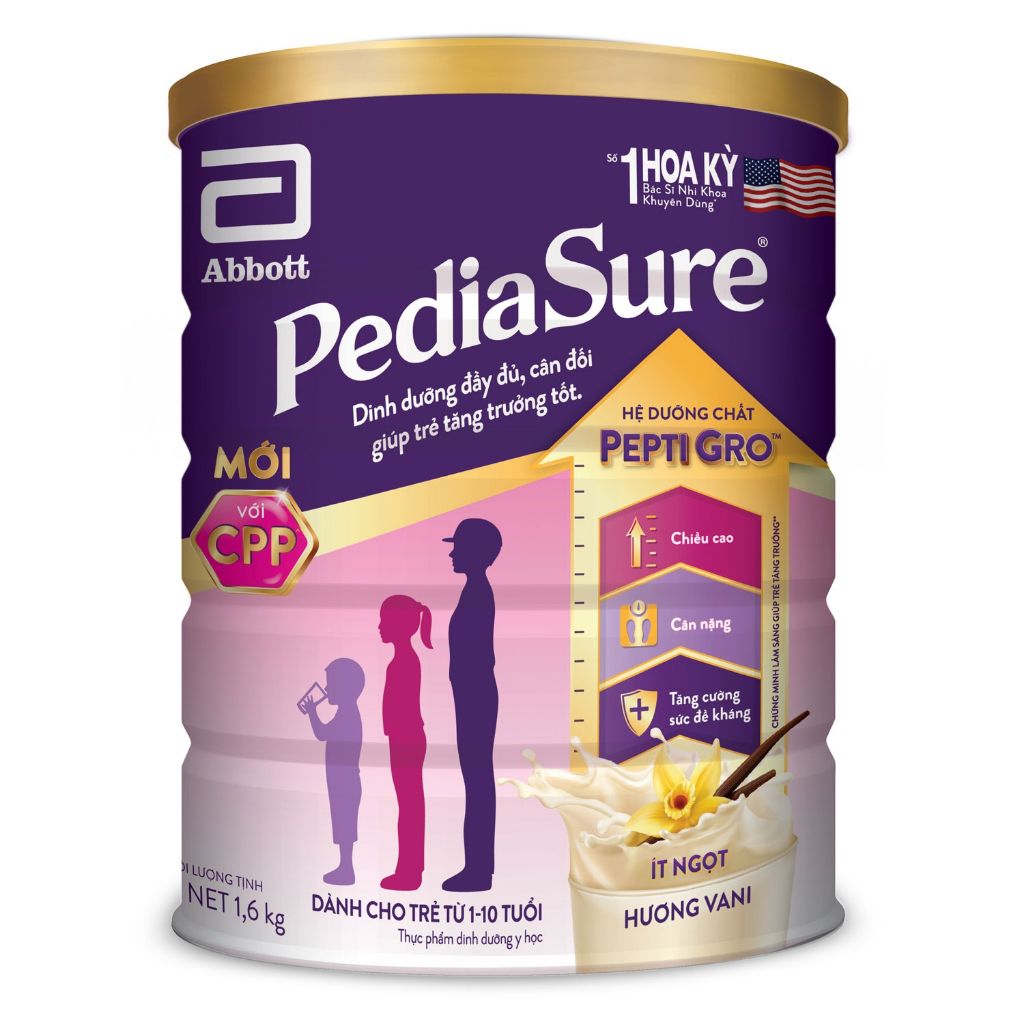 Combo 2 lon Sữa bột Pediasure 1.6kg hương vani (ít ngọt) dành cho trẻ biếng ăn từ 1-10 tuổi