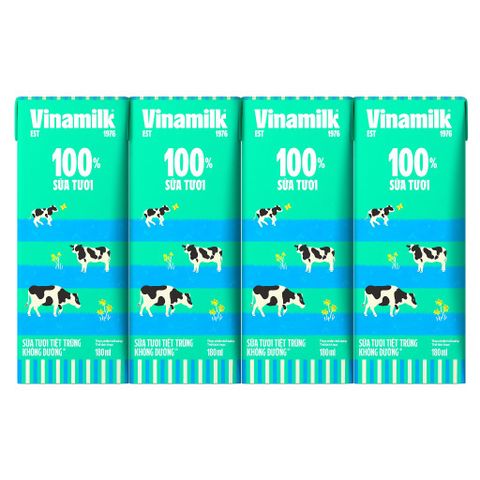 Lốc 4 Hộp Sữa tươi tiệt trùng Vinamilk 100% Không Đường 180ml