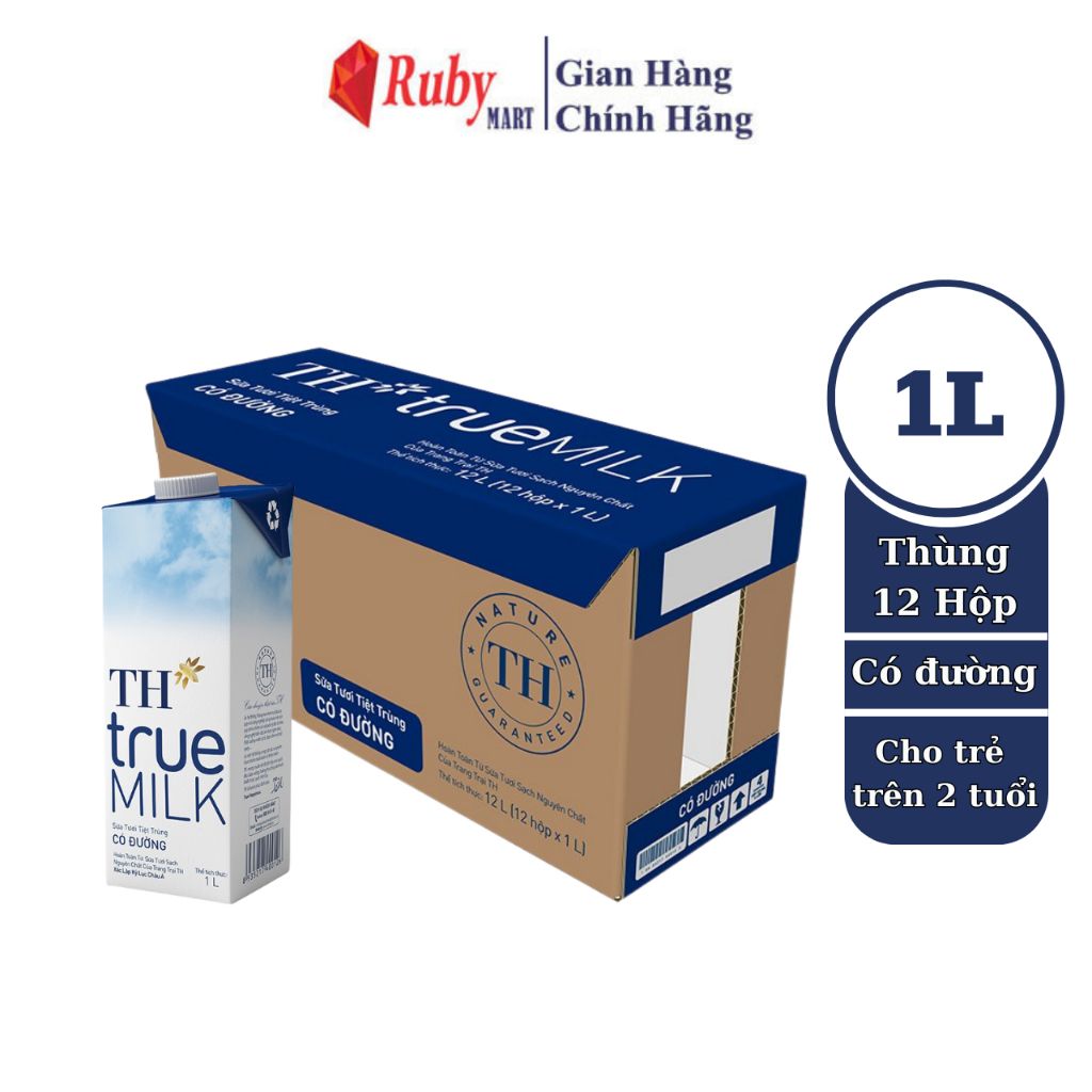 Thùng 12 hộp sữa tươi tiệt trùng có đường TH True Milk 1L (1L x 12)