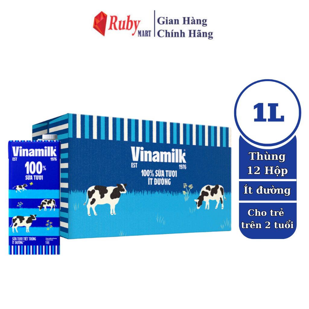  Thùng 12 hộp Sữa tươi tiệt trùng Vinamilk 100% ít đường Hộp giấy 1L 