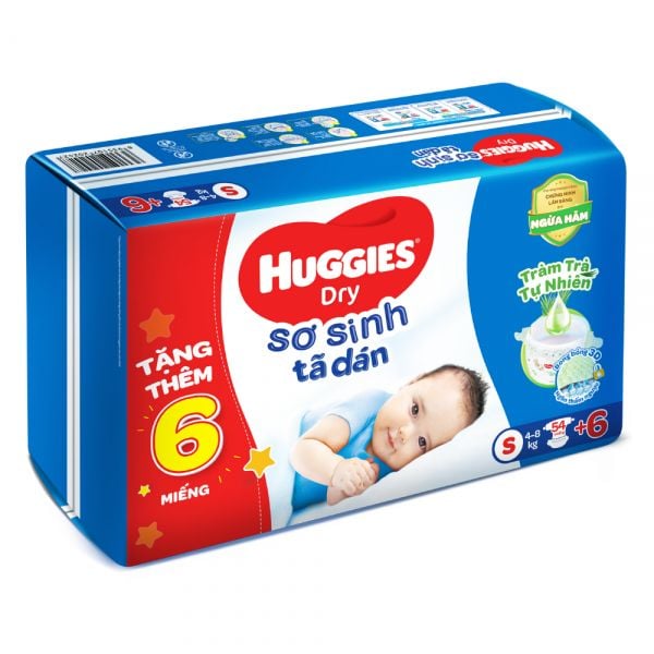 Tã dán sơ sinh Huggies Dry S 54 miếng + tặng 6 miếng