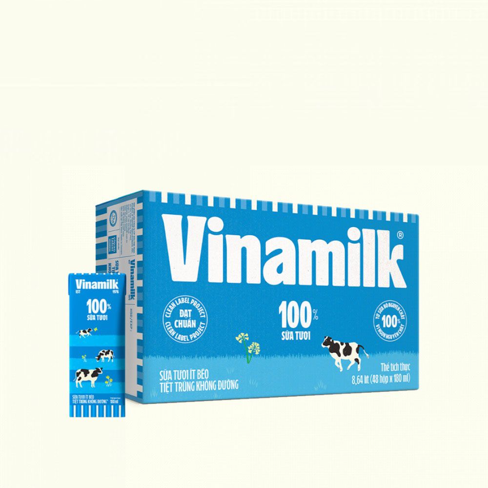 Lốc 4 Hộp Sữa tươi tiệt trùng Vinamilk 100% Không Đường 180ml