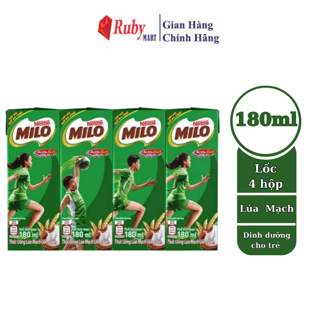 Lốc 4 Hộp Sữa Năng Lượng Milo Vị Lúa Mạch 180ml ( giá bán đã trừ khuyến mãi )