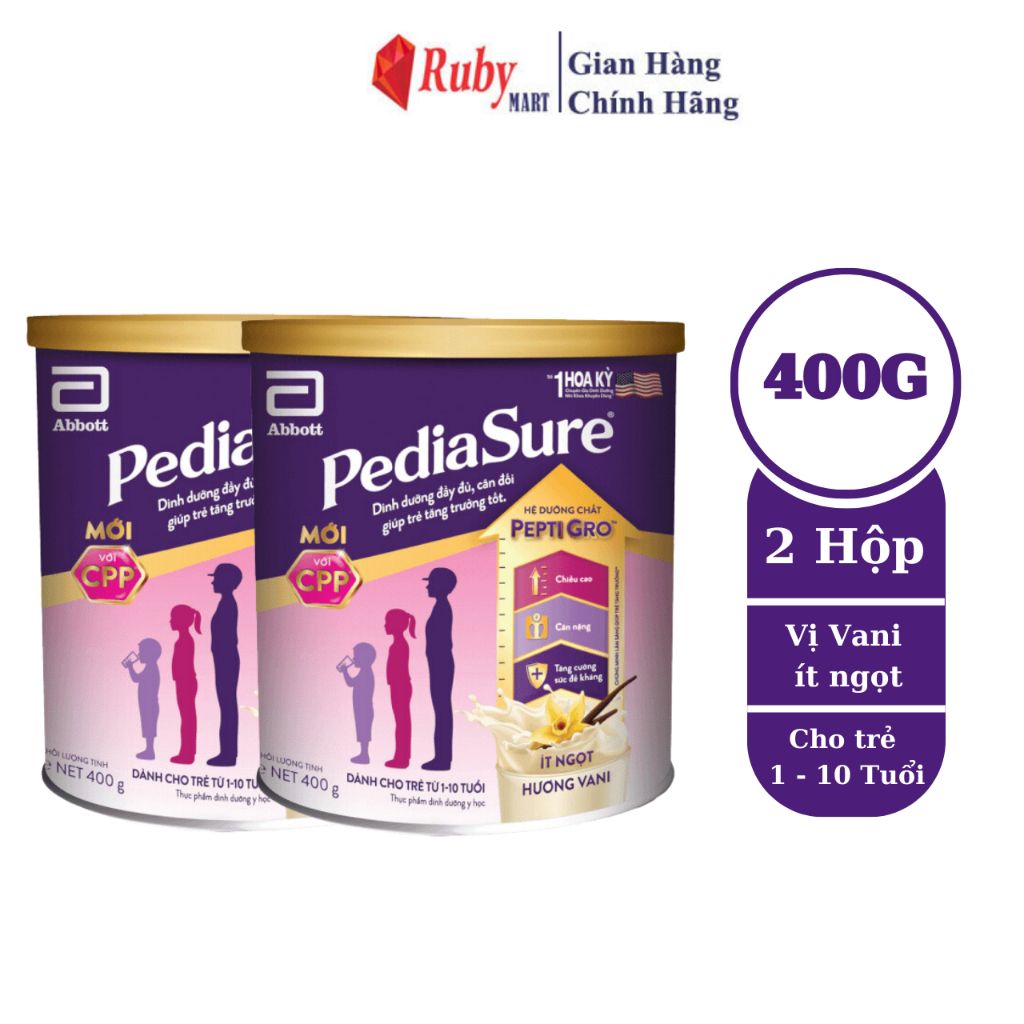 Combo 2 lon Sữa bột Pediasure 400g hương vani ít ngọt cho trẻ biếng ăn từ 1 đến 10 tuổi