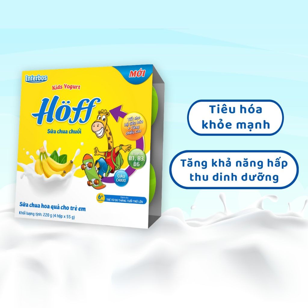 Lốc 4 hộp Sữa chua hoa quả Hoff vị CHUỐI cho bé từ 6 tháng tuổi, bổ sung men lợi khuẩn, tốt cho tiêu hóa