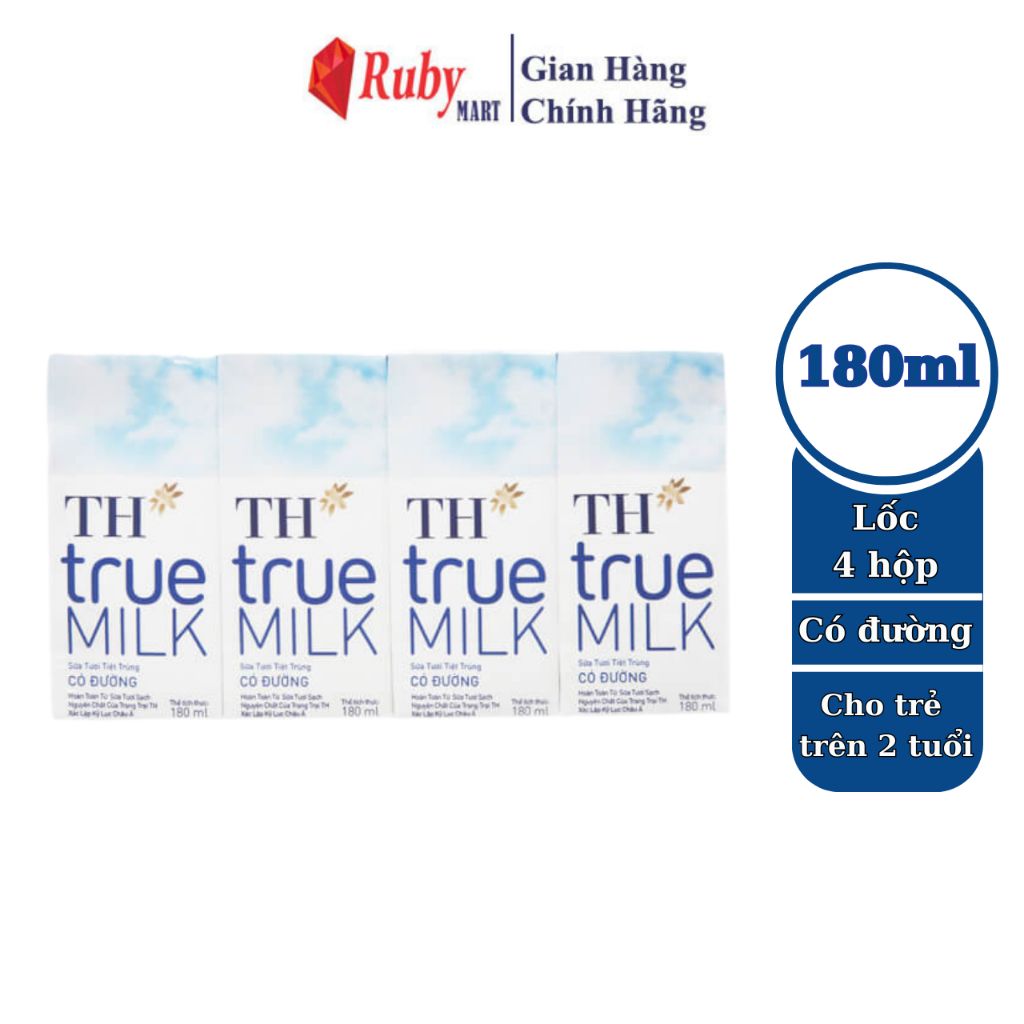 Lốc 4 hộp sữa tươi tiệt trùng có đường TH True Milk 180ml