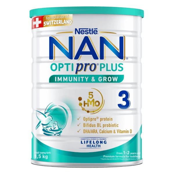 Sữa bột Nan Optipro PLUS 3 1.5kg, với 5HMO, công thức từ Thụy Sĩ (1-2 tuổi)