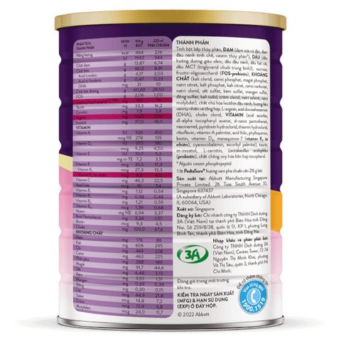  Combo 2 lon Sữa bột Pediasure 1.6kg hương vani (ít ngọt) dành cho trẻ biếng ăn từ 1-10 tuổi 