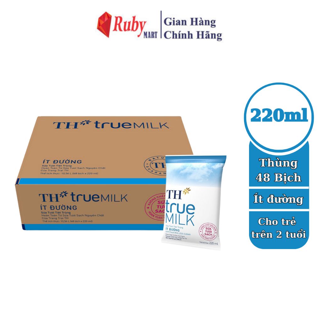Thùng 48 bịch sữa tươi sạch ít đường TH True Milk bịch giấy 220ml (220ml x 48)