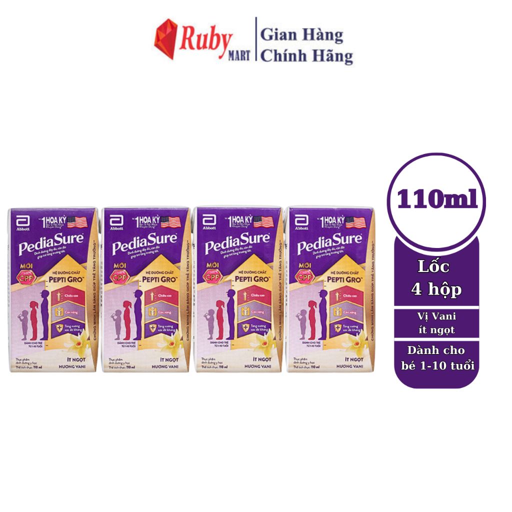 Lốc 4 hộp sữa nước Pediasure hương vani ít ngọt (110ml) cho trẻ 1-10 tuổi