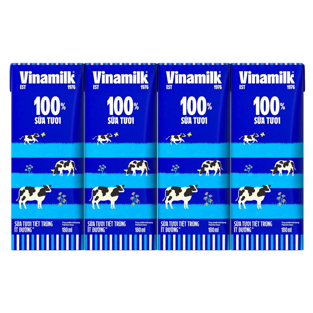 Lốc 4 Hộp Sữa tươi tiệt trùng Vinamilk 100% Ít Đường 180ml