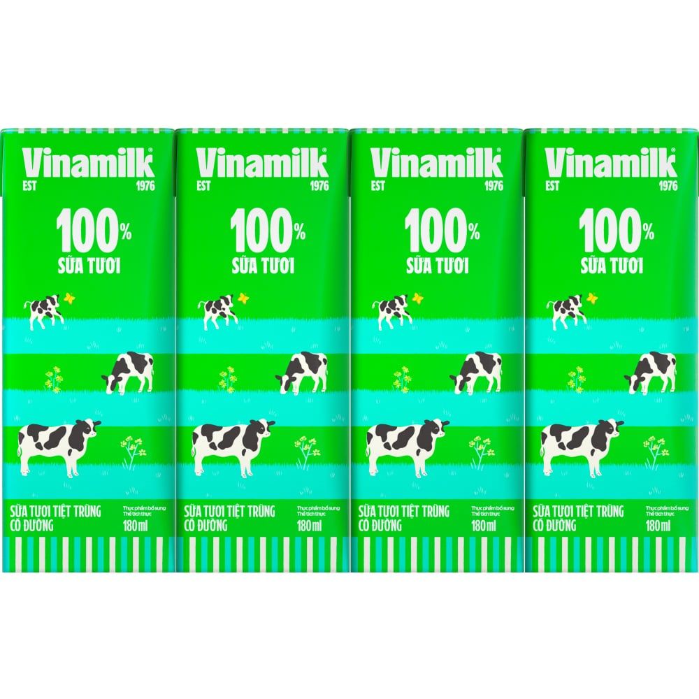 Lốc 4 Hộp Sữa tươi tiệt trùng Vinamilk 100% Có đường 180ml