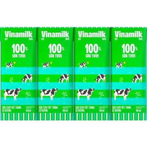 Lốc 4 Hộp Sữa tươi tiệt trùng Vinamilk 100% Có đường 180ml