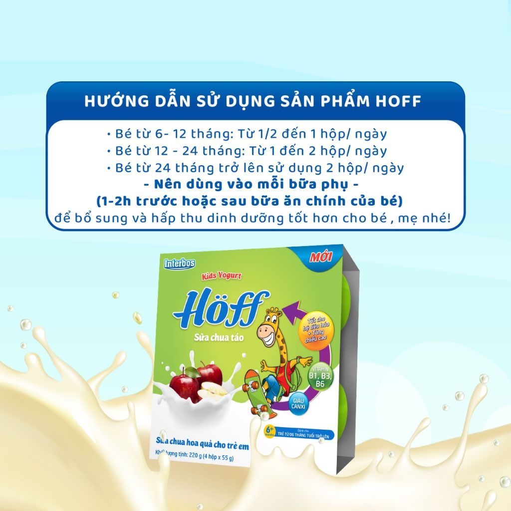 Lốc 4 hộp Sữa chua hoa quả Hoff vị TÁO cho bé từ 6 tháng tuổi, bổ sung men lợi khuẩn, tốt cho tiêu hóa