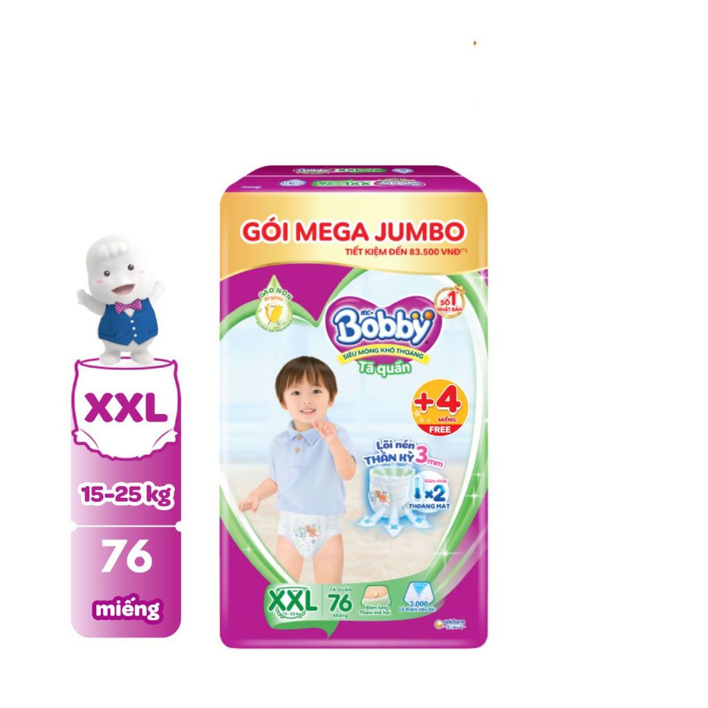 Tã/bỉm quần Bobby 3mm Mega Jumbo Gạo non Giảm nhiệt XXL76