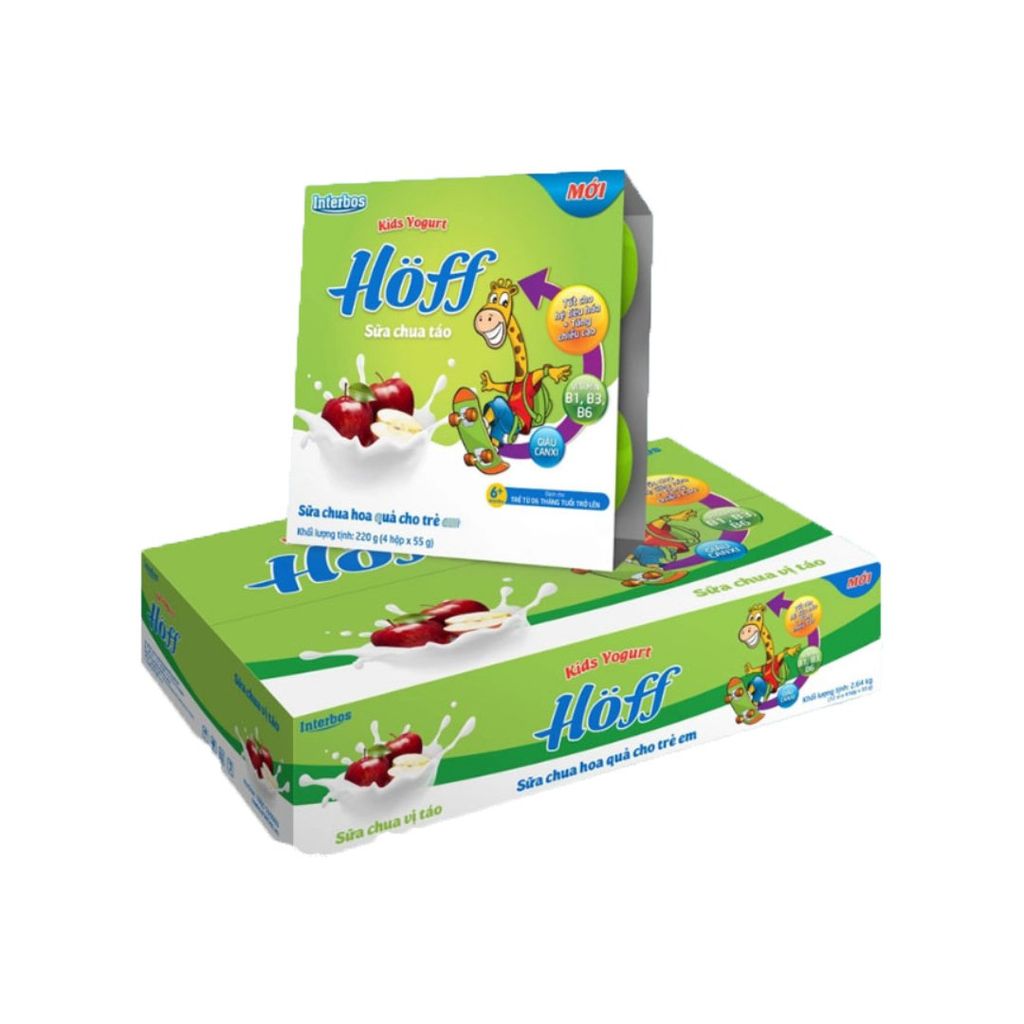 Thùng 48 hộp Sữa chua hoa quả Hoff vị TÁO cho bé từ 6 tháng tuổi, bổ sung men lợi khuẩn, tốt cho tiêu hóa