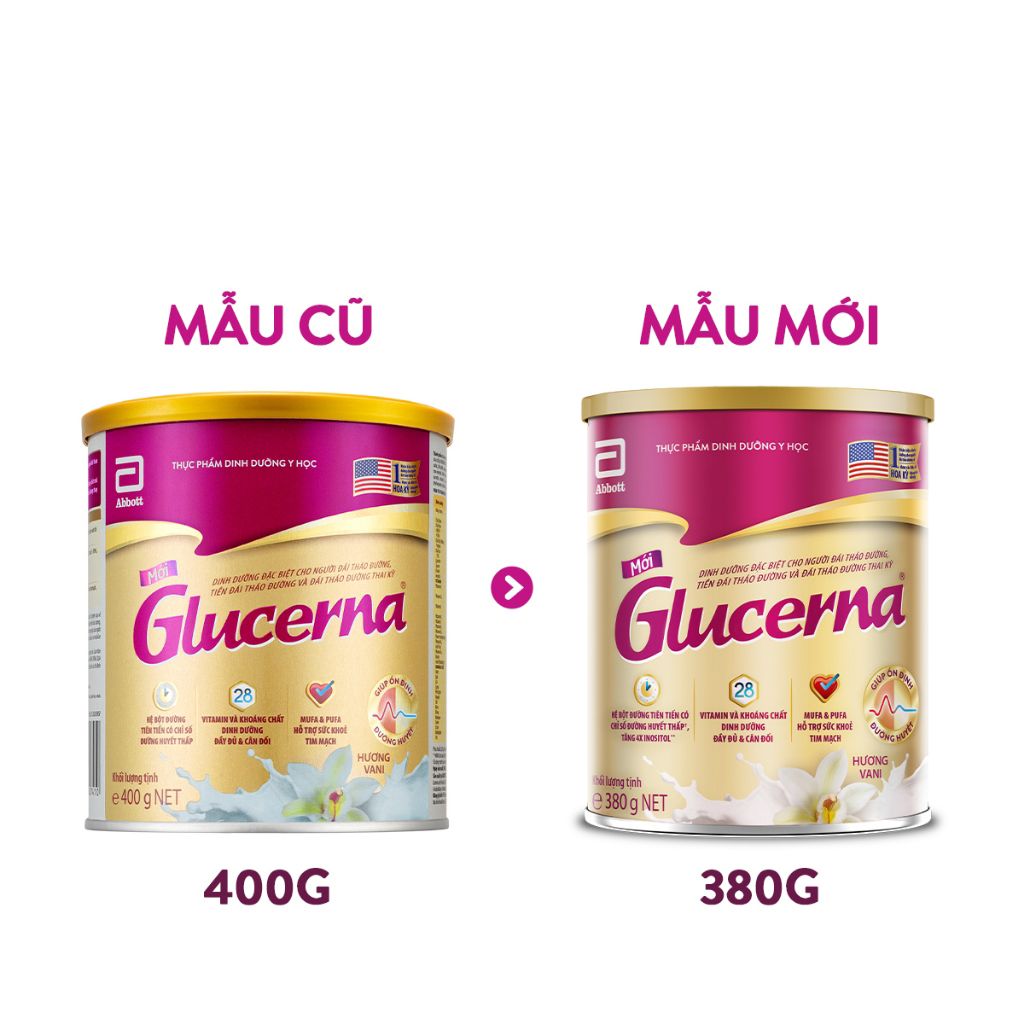 Combo 2 lon Sữa bột dành cho người bị tiểu đường Glucerna Abbott 380g Hương Vani