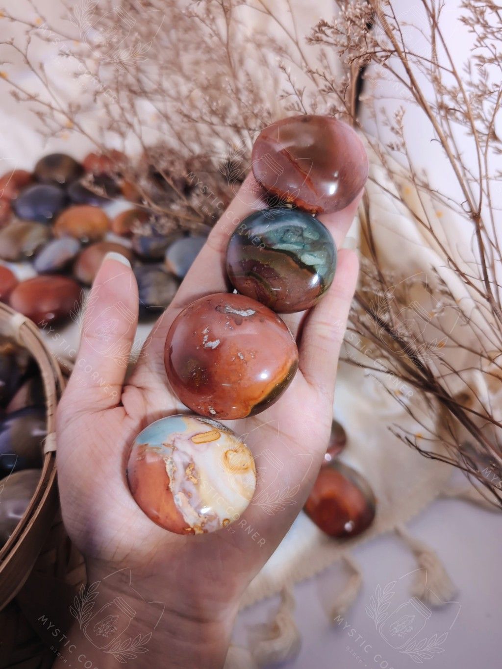  Palm Polychrome Jasper hỗ trợ ổn định hào quang, tăng năng lượng cơ thể thể chất, trí tuệ, đá thạch anh, đá phong thủy 