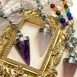  Con lắc cảm xạ đá thạch anh tím Amethyst Quartz dây 7 luân xa charm Buddha, Om 