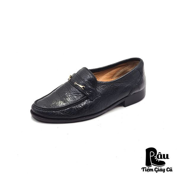  |SIZE 38.5| DINO ROMANI VINTAGE ITALIAN BLACK WILD BOAR LEATHER BIT LOAFER AR38.5-6908 