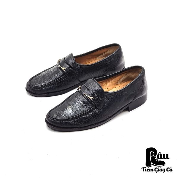  |SIZE 38.5| DINO ROMANI VINTAGE ITALIAN BLACK WILD BOAR LEATHER BIT LOAFER AR38.5-6908 