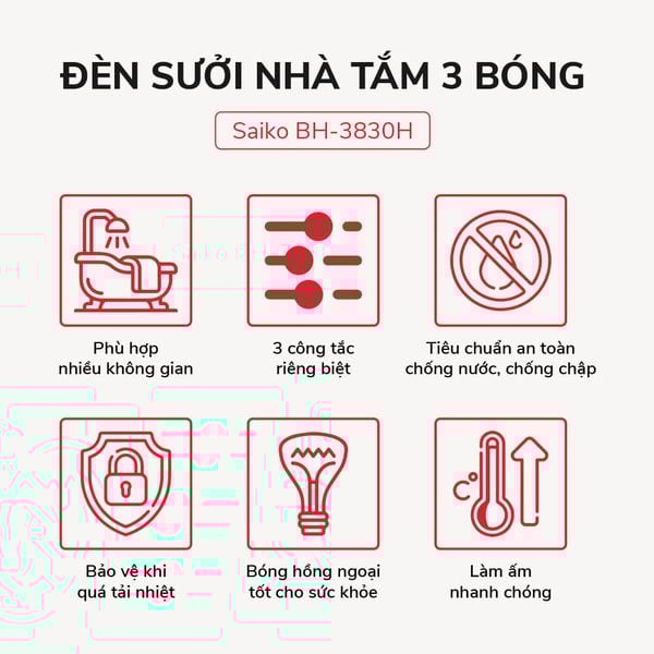 Đèn Sưởi Nhà Tắm Saiko 3 Bóng BH-3830H 825W