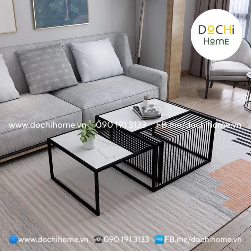 Bàn sofa đôi vuông sọc mặt đá DOCHI Home