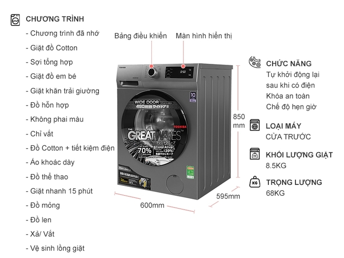Máy giặt lồng ngang Toshiba Inverter 8.5Kg TW-BK95S3V(SK)