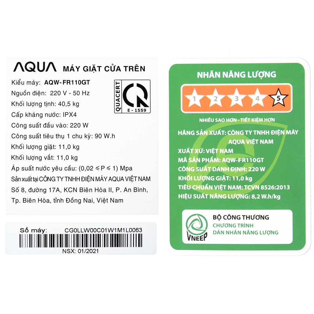 Máy giặt Aqua 11kg AQW-FR110GT.PS lồng đứng màu ghi đen