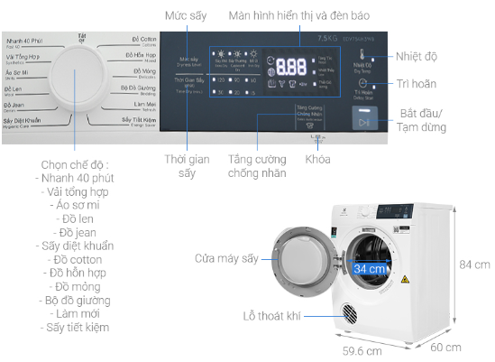 Máy sấy quần áo Electrolux 7.5 kg EDV754H3WB Trắng