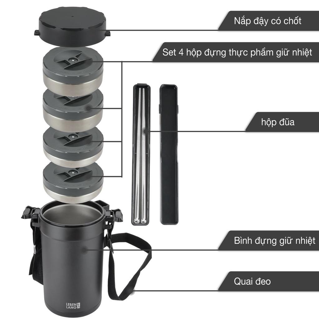 Hộp cơm giữ nhiệt LEBENLANG LBT856 bằng inox 304 với 4 khay riêng biệt, dung tích 2.2L