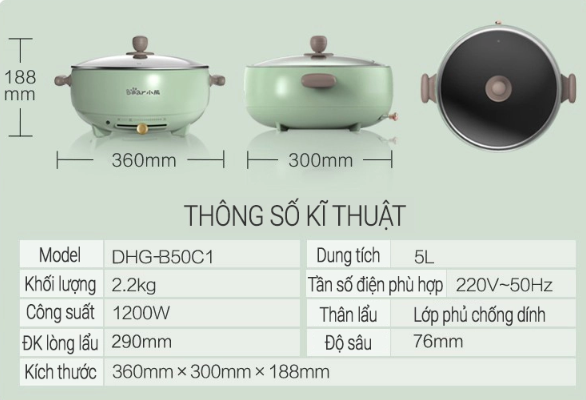 NỒI LẨU ĐIỆN BEAR B50C1, 5L 1200W - LIÊN HỆ ĐỂ ĐƯỢC GIÁ TỐT