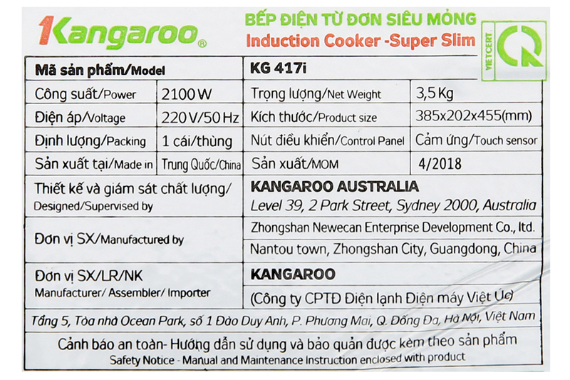 Bếp từ Kangaroo KG417i mỏng
