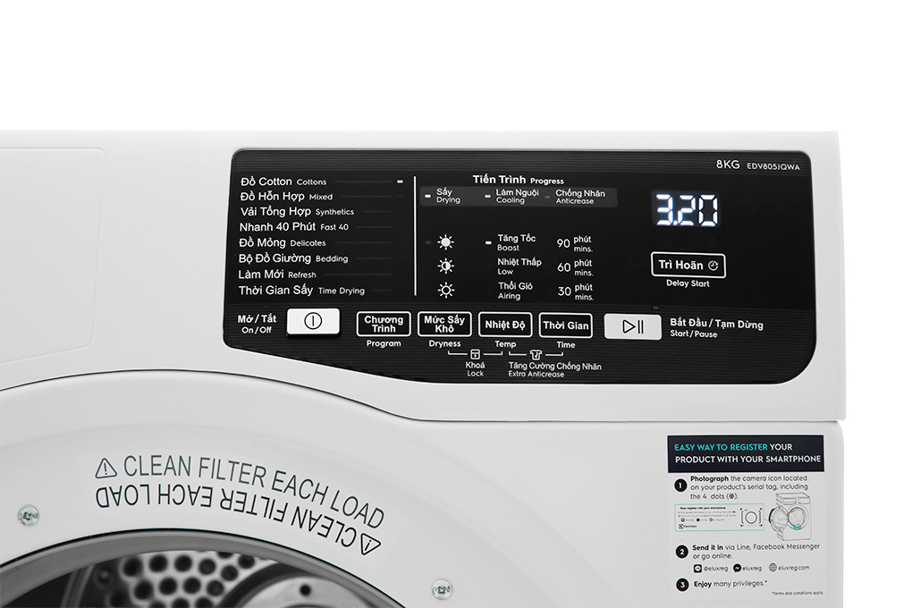 Máy sấy thông hơi Electrolux 8 Kg EDV805JQWA màu trắng