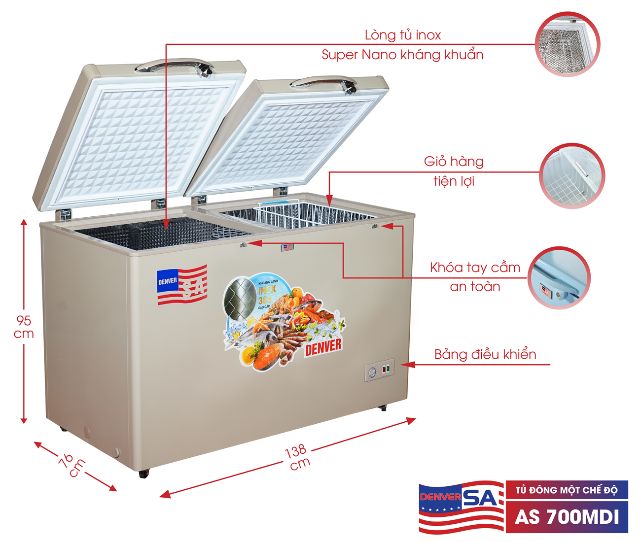 Tủ đông Denver AS 700MDI 300L  Inverter - Inox màu gold
