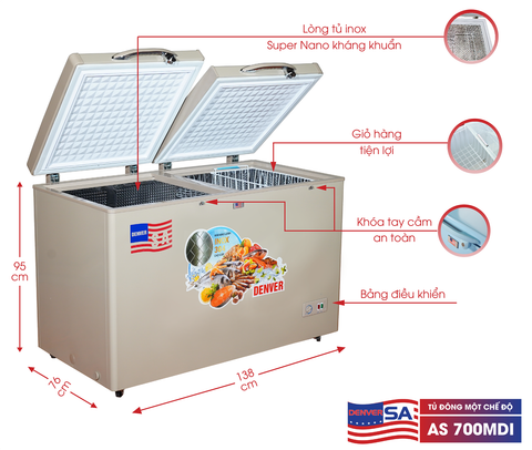 Tủ đông Denver AS 700MDI 300L màu gold lòng inox Inverter